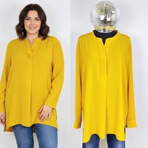 Vince Camuto V Neck Tunic, Women's XL, Mustard Yellow Long‎ Sleeve Shirt